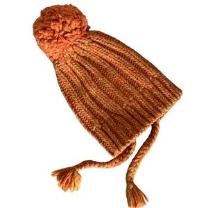 Portolano Wool Blend Earflap Pom Knit Tie Orange Beanie